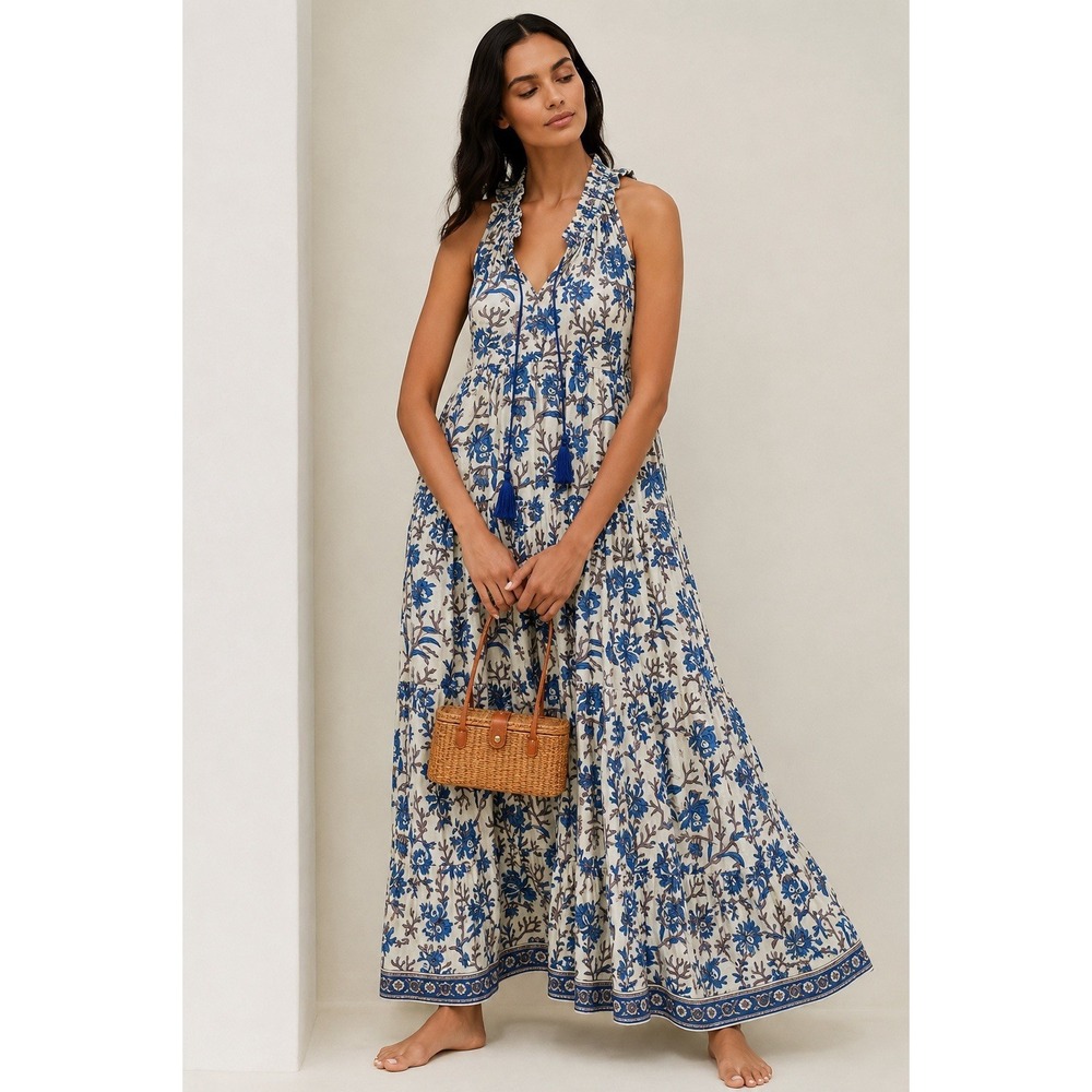 Z&L Europe Blue Floral Block Print Maxi Dress Size 10 Cotton Boho India